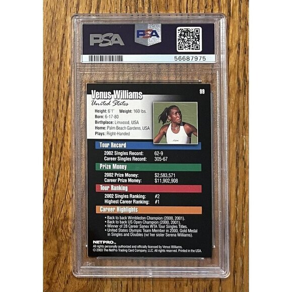 2003 Netpro Tennis #99 Venus Williams RC Rookie PSA 9 Mint - Picture 2 of 2